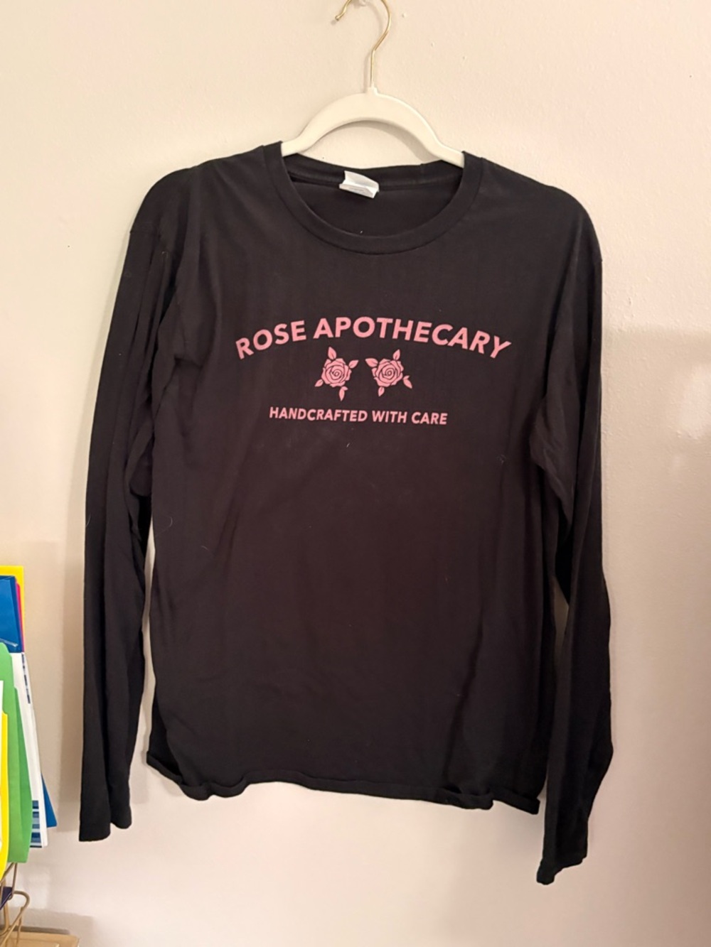 Rose Apothecary, from Schitt’s Creek, Black Long Sleeve Tee - Pink Logo